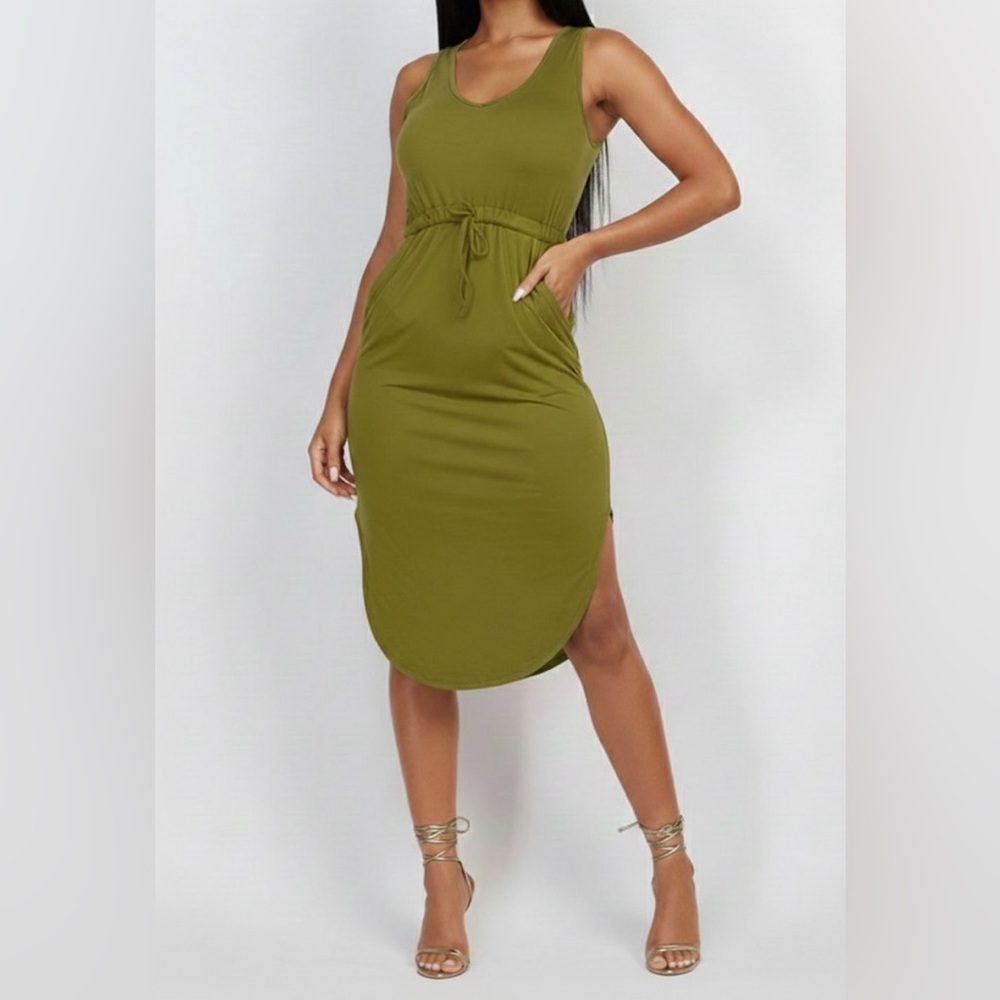 Olive Green Drawstring Waist Midi Dress Pockets Sleeveless Stretch Casual
